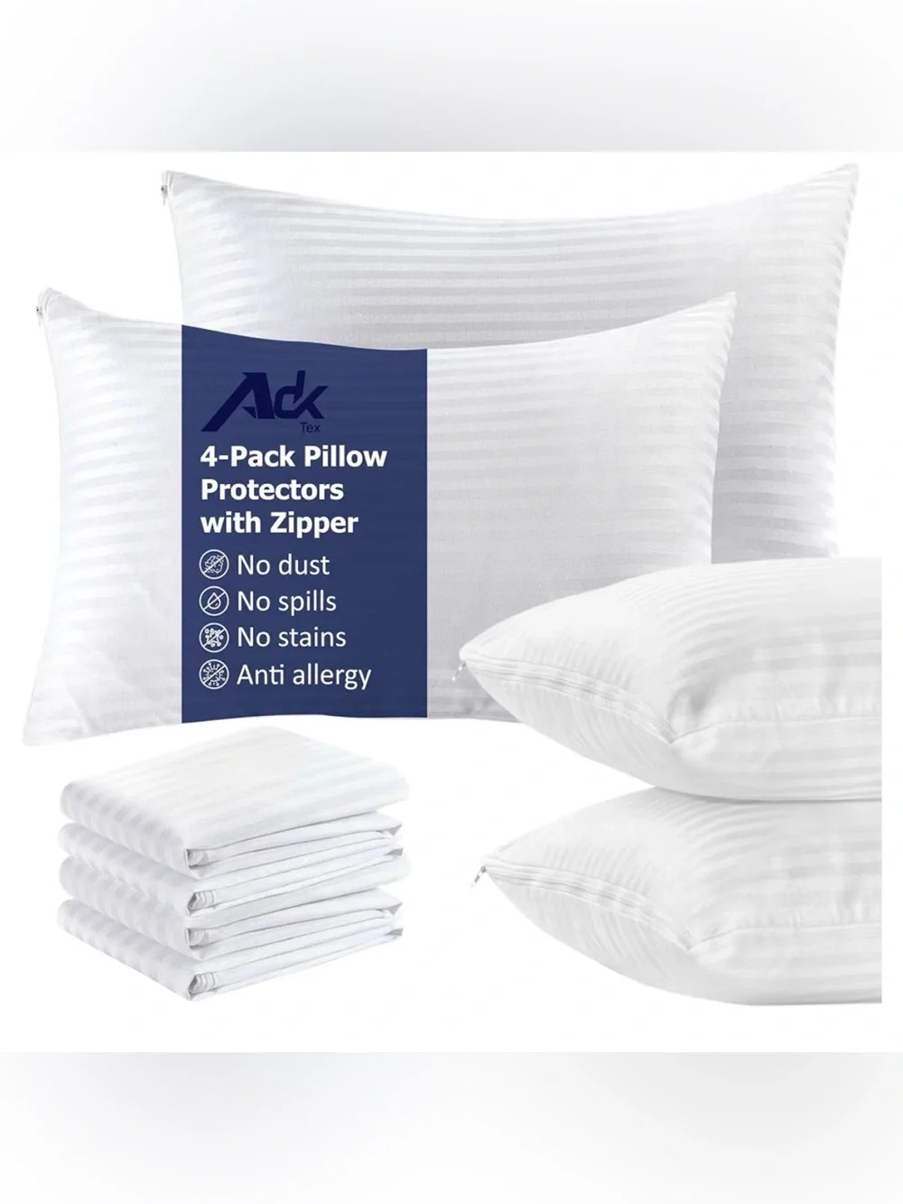 NWT - 4 Pack, King Pillow Cases Protectors Zippered Luxury Cotton Blend White